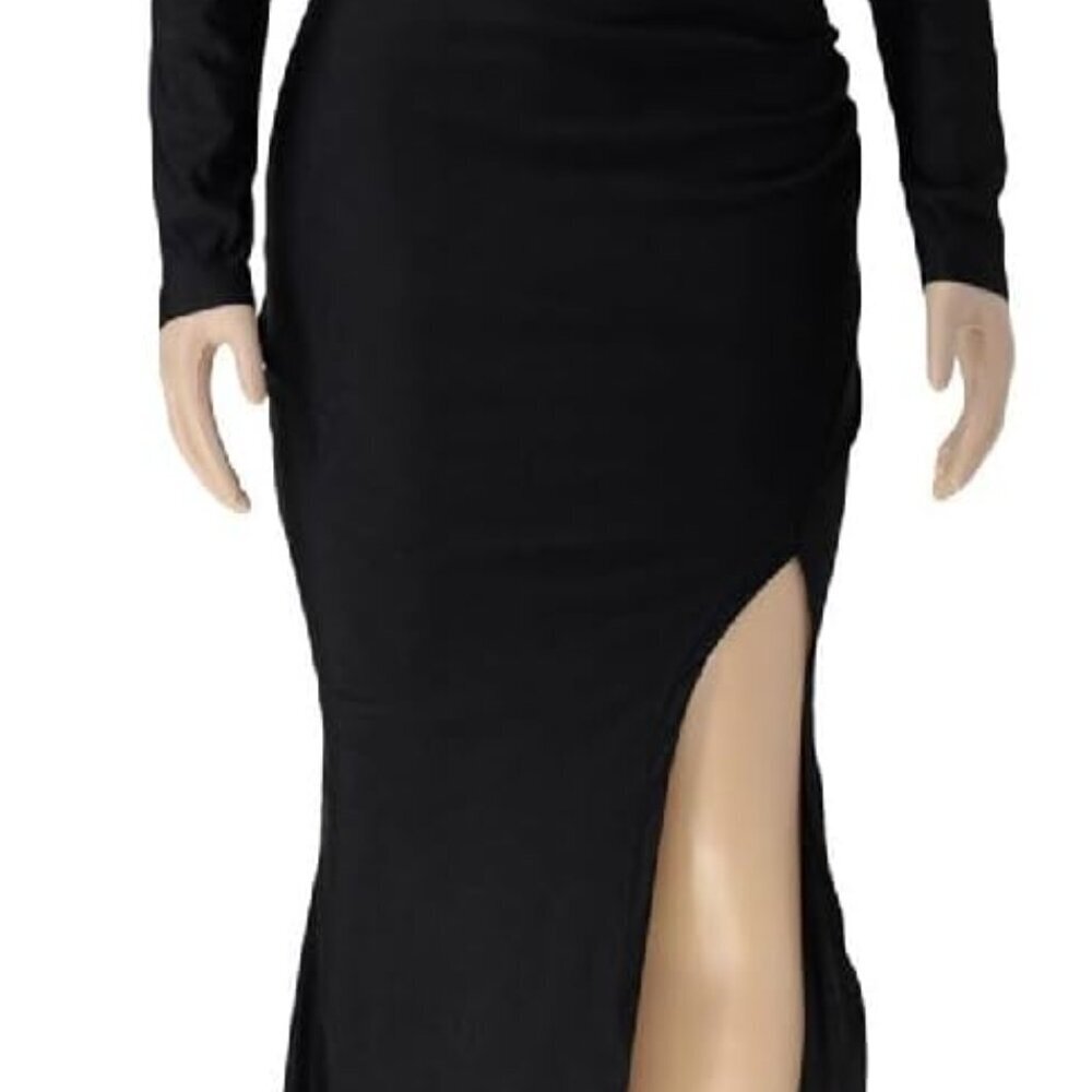 Women's V-Neck Off Shoulder Maxi Dress with Thigh Slit Black Formal - Picture 3 of 5